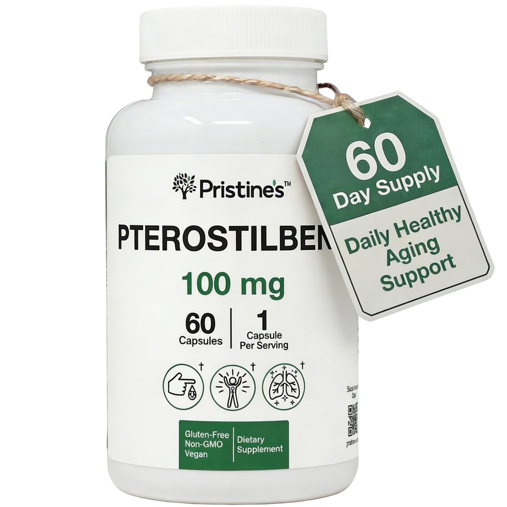 PRISTINE Pterostilbene 100mg Anti Aging Supplement Capsules - 60 Day Supply - Lung Health & Mental Clarity Antioxidant - High Bioavailability Vegan Non GMO