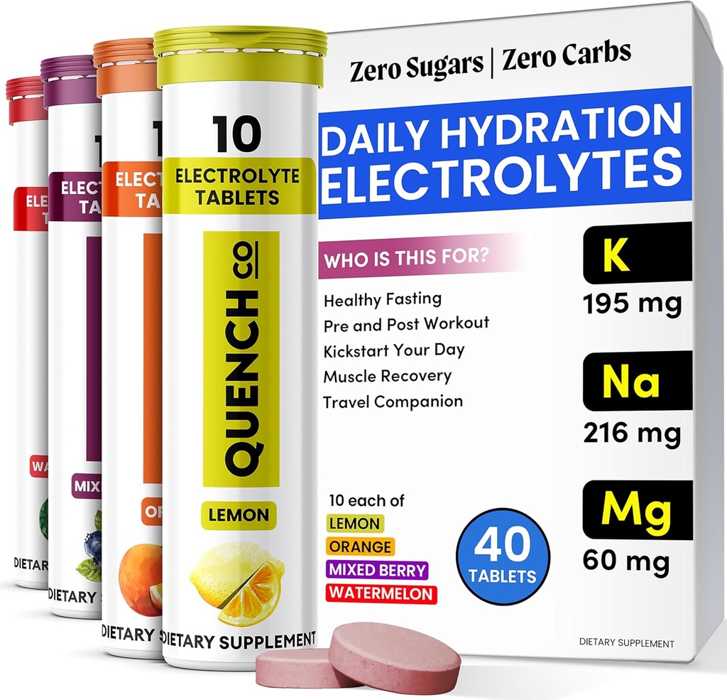 Qench Electrolyte Tabletit 40 Count Instant Hydration, Electrolytes, Fasting Electrolytes Ei sokeria Optimaalinen nesteytys Tuki Ei jauhe - Watermelon, Orange, Mixed Berry, sitruunan maku