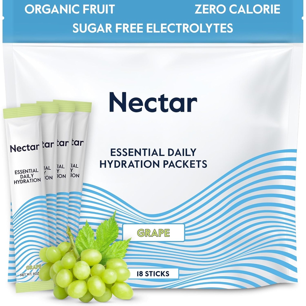 Nectar Hydration Packets - Elektrolyyttejä Powder Packets - Sokeriton & 0 Calorie - Organic Fruit Liquid Daily IV Hydrate Sticks for Dehydration Relief & Rapid Rehydration (Grape 18 Pack)