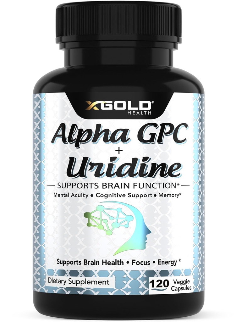 Alpha Gpc + Uridine 900mg - Kraftfull Nootropic för ökad fokus, minne, energi, humör och kognitiv prestanda - 120 vegetariska kapslar