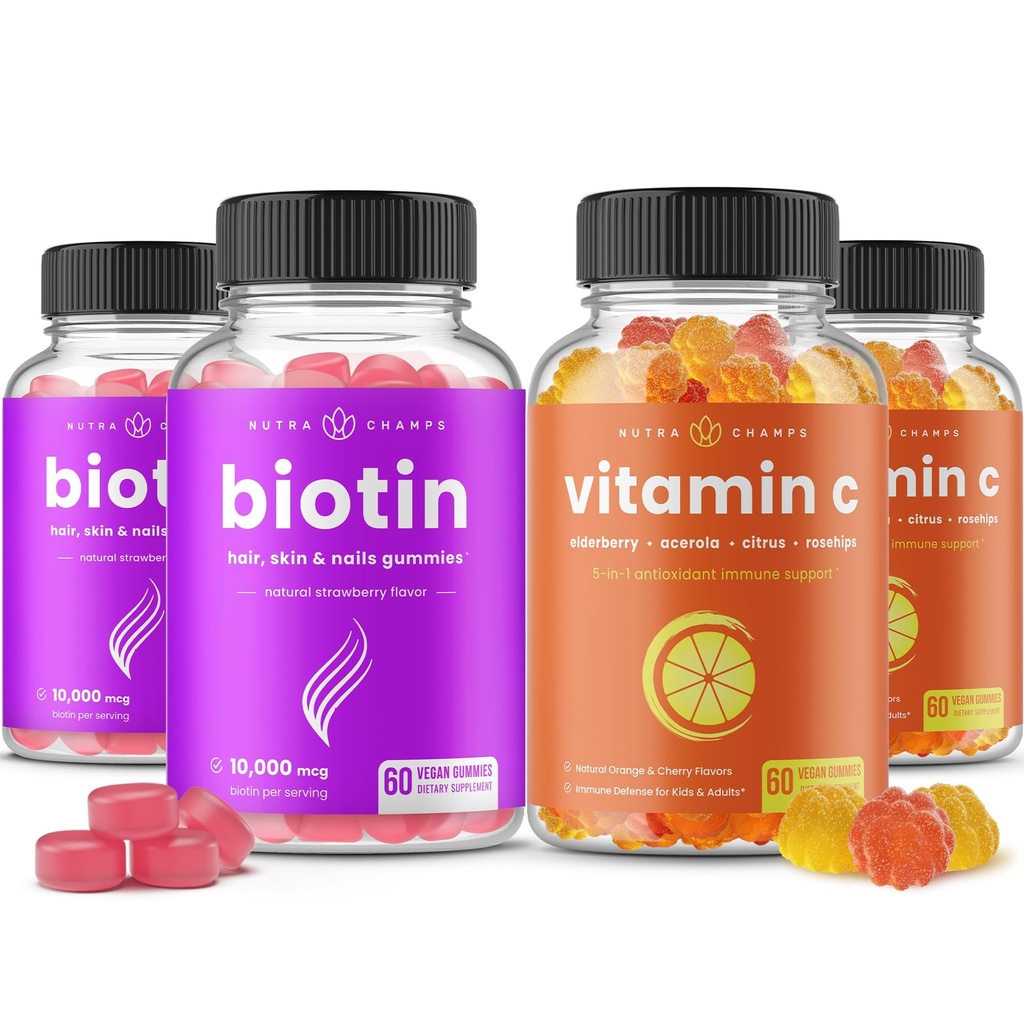 NutraChamps Biotin Gummies (2 pakkaus) ja C-vitamiini Gummies (2 pakkaus) 4 Pack Bundle