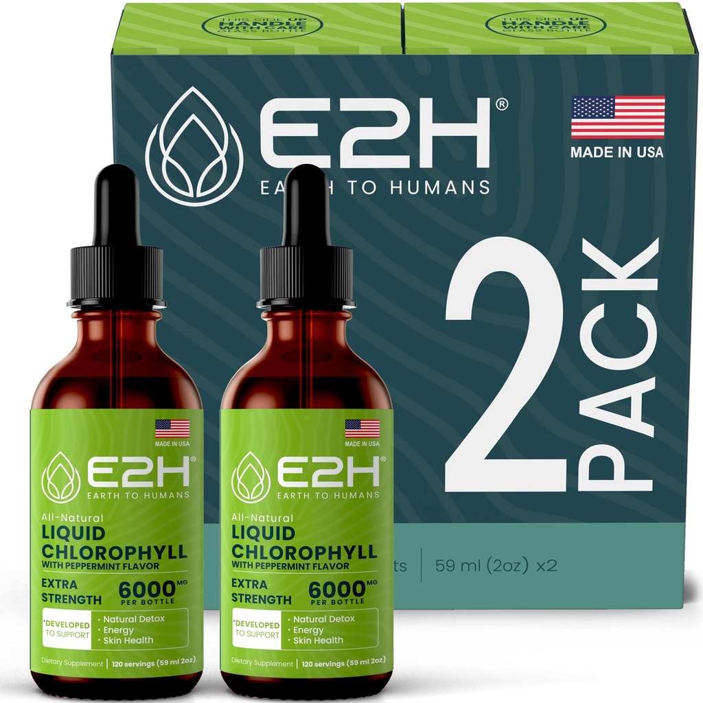 E2H Klorofylli neste tipat - Natural Energy Booster, Immuunijärjestelmän tuki ja sisäinen deodorantti - Piparminttu maku - (2 pullot)