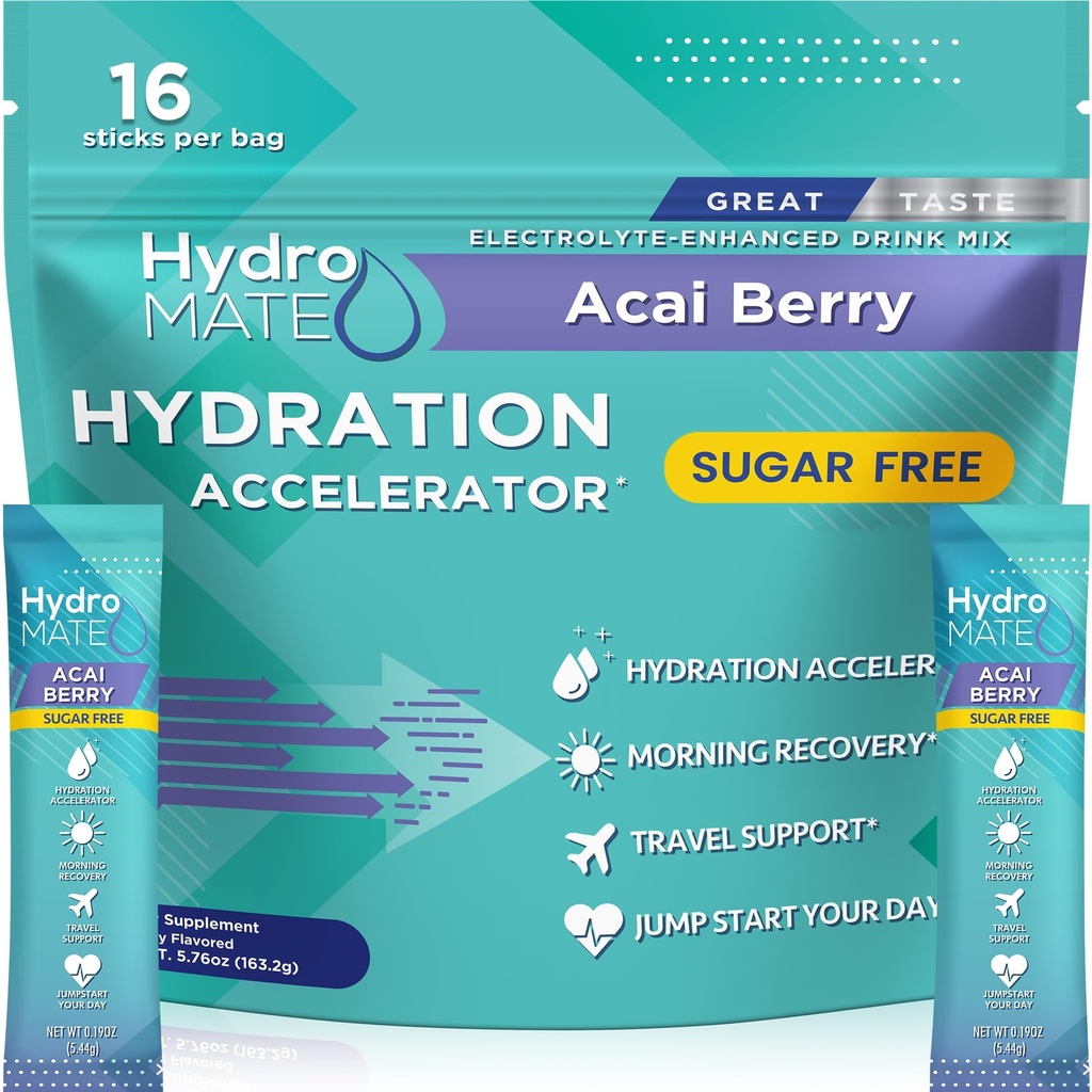 Elektrolyyttijauhe Sokeriton nesteytyspakkaus Acai Berry HydroMATE 16 Sticks