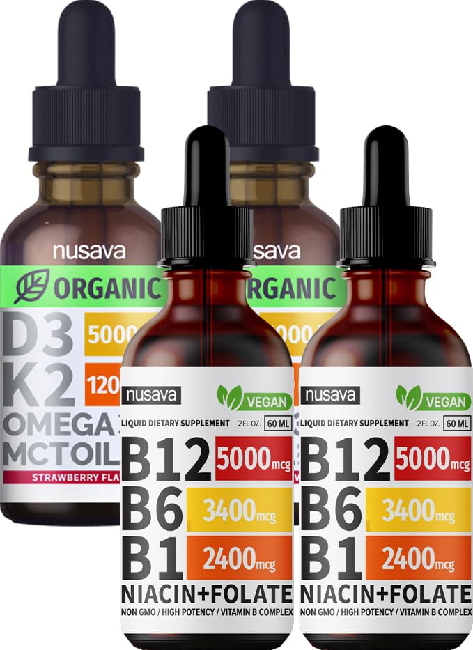 NUSAVA-vitamiini B12 nestetippa ja mansikkamakuinen D3 K2 Bundle - Potent Liquid Vitamiines for Heart, Joint, Energy, & Immuuni tuki - ei-GMO, Gluteeniton, 2pk Each