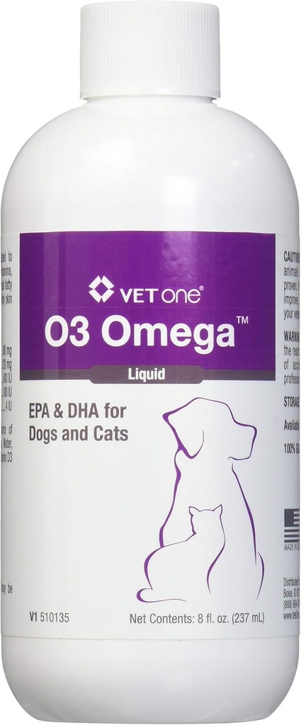 Vet One O3 Omega Liquid EPA & DHA för hundar och katter - Skin & Coat Supplement - Stöder Immune System & Joint Health - 8 oz