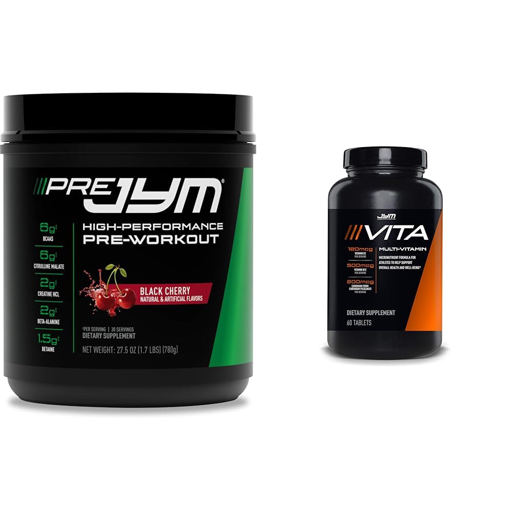 JYM Supplement Science PRE JYM 30 Servings - Black Cherry & Vita JYM Sports Multivitamiini & Mineral Support, A-vitamiini, C, B6, B12, E, K, Boron, Biotin, Kalium 60 tablettia