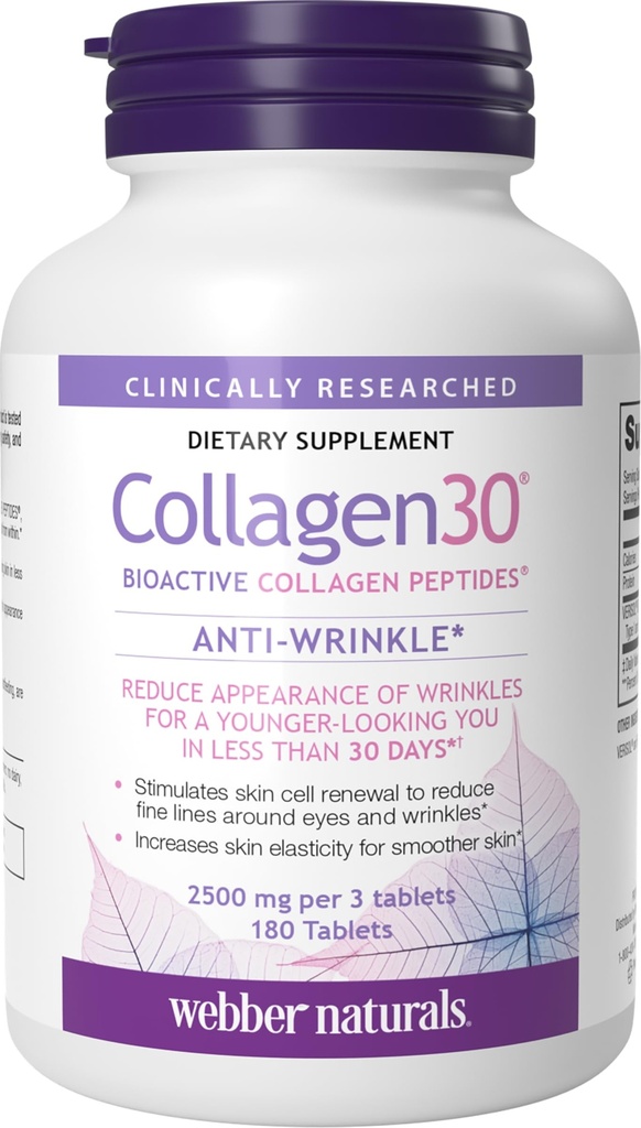 Webber Naturals Collagen30 Anti-ryppy, 2500 mg Bioactive Collagen Peptides per Serving, 180 tablettia, auttaa vähentämään syviä ryppyjä, Fine Lines & Stimulates ihosoluja, non GMO, Dairy & Gluteenittomia