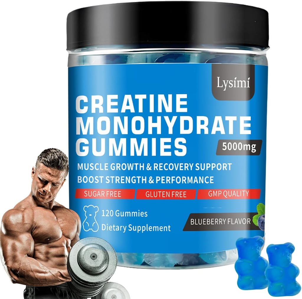Kreatiini Monohydraatti Gummies - 5 g Creatiini Monohydraatti per tarjoilu- lisätä vahvuus ja rakentaa lihas, sokeriton, vegaaninen, mustikka maku, Jokainen pullo / 120 kapselia, miesten ja naisten (1)