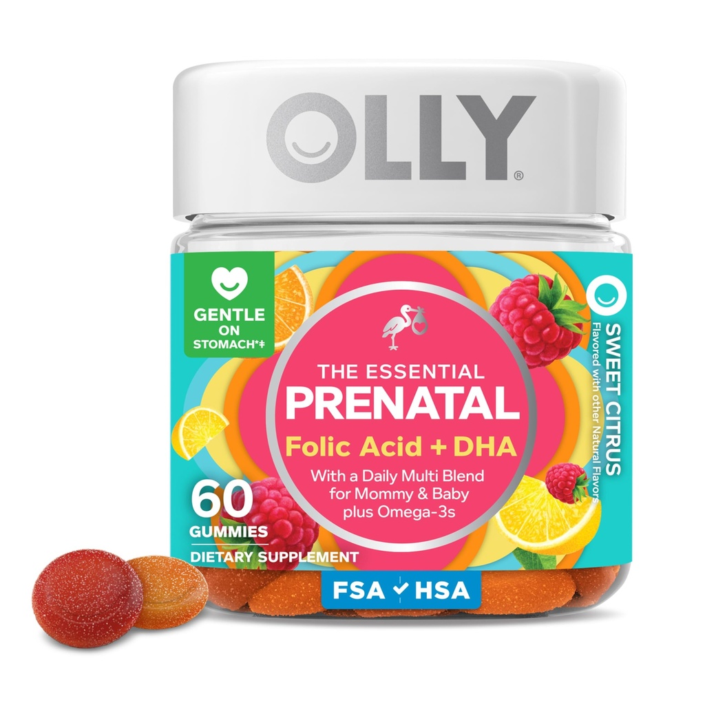OLLY Prenatal Multivitamin Gummy, stöder hälsosam tillväxt och hjärnutveckling, folsyra, vitamin D, Omega 3 DHA, Chewable Supplement, Citrus Berry Flavor, 30 Day Supply - 60 Count