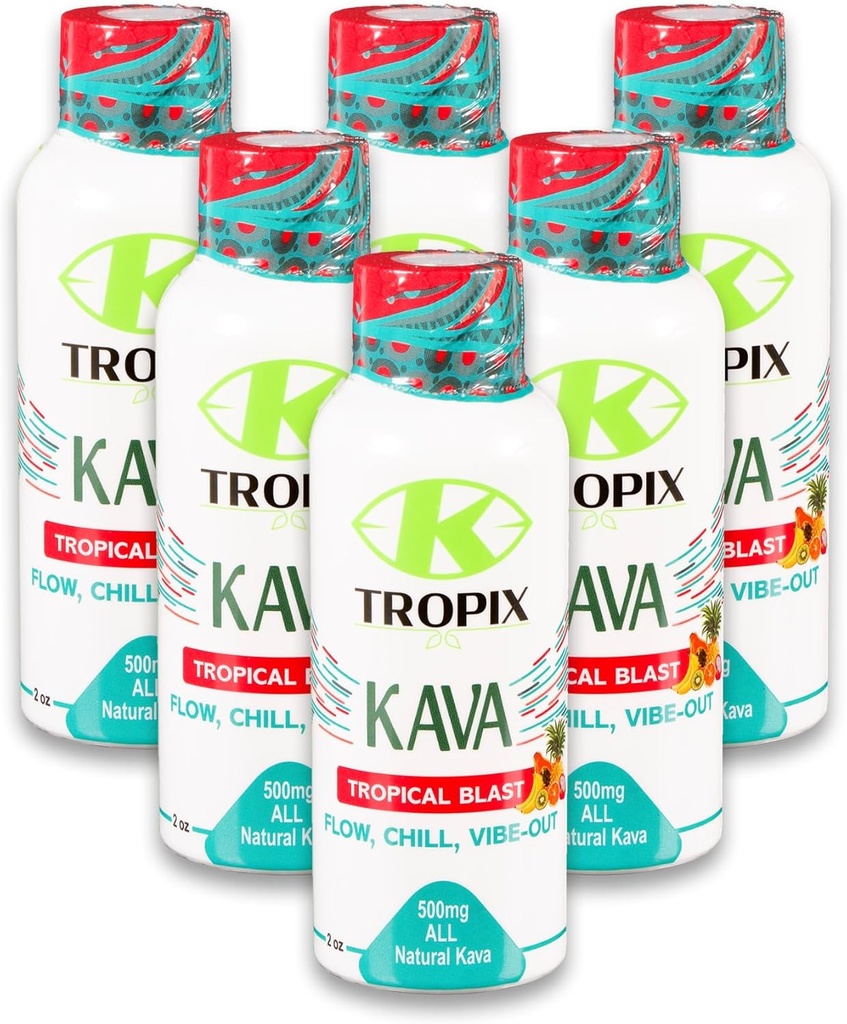 K-Tropix Kava Shot Tropical Blast - 500mg Wellness Shots edistää rentoutumista ja vähentää huolta - Kava Drink - Huolet, Jännitys, Strain Relief täydentää - 6 Pack
