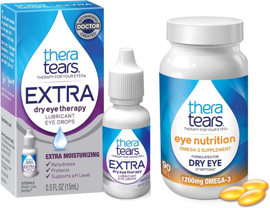TheraTears 1200 mg Omega 3 täydennysosa silmän ravitsemukseen, orgaaninen pellavansiemen Triglyseride Fish Oil & Vit E,90 kreivisilmätipat, erittäin kuivasilmäiset, 15 ml,0,5 ml
