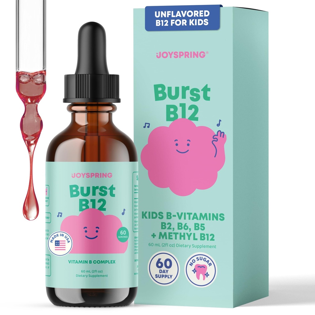JoySpring Burst B12 Drops - Vitamin B Complex för barn (2 fl oz) B2, B6, B5 + Methylcobalamin B12 Barn Tillägg för att stödja hälsosam tillväxt och utveckling, Vegan B12, Ålder 2-16 + | 60 portioner