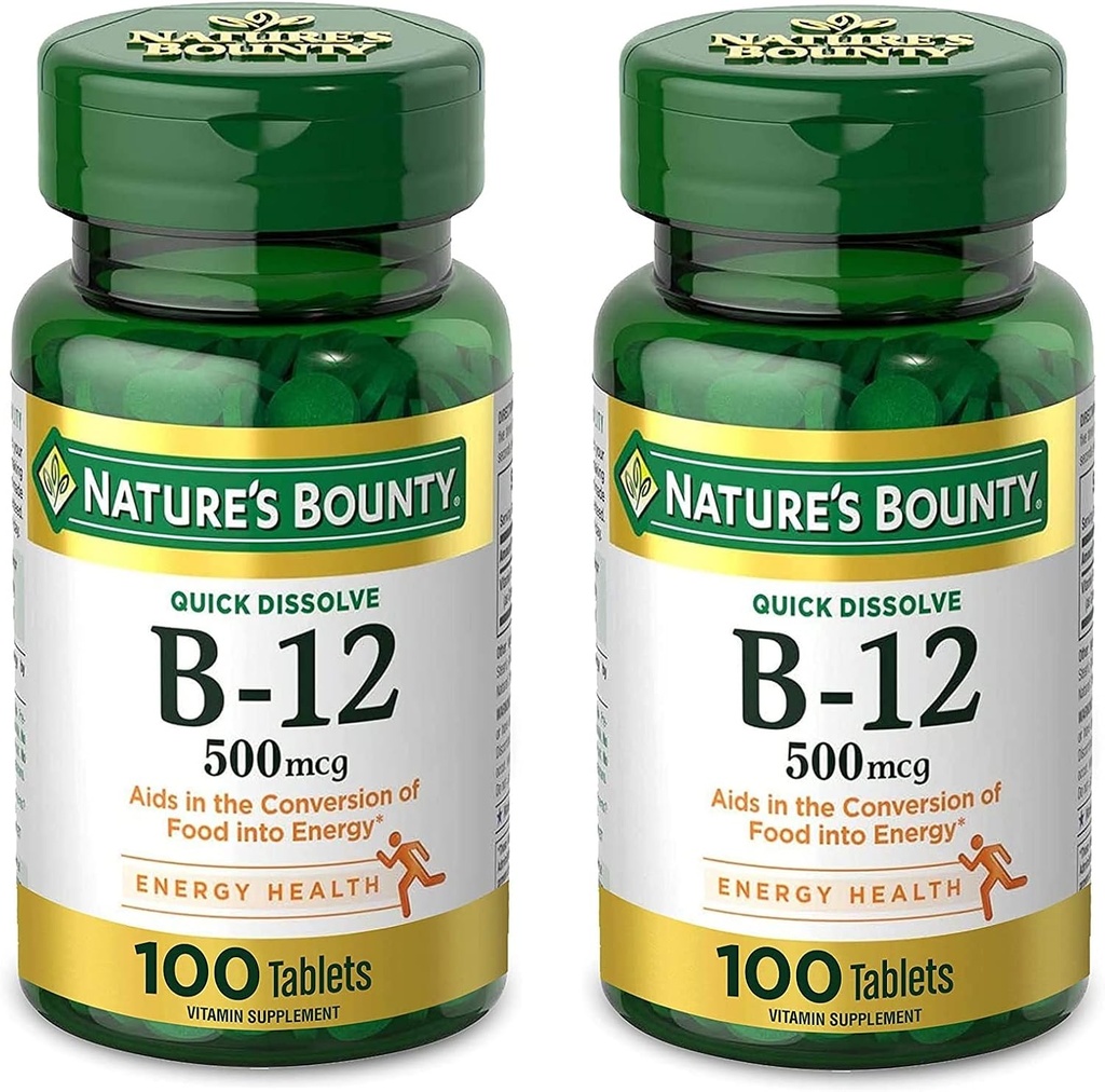 Luonnon Bounty-vitamiini B12, tukee energian aineenvaihduntaa ja hermoston terveyttä, 500 mikrog, tabletit, 100 Ct (pakkaus 2)