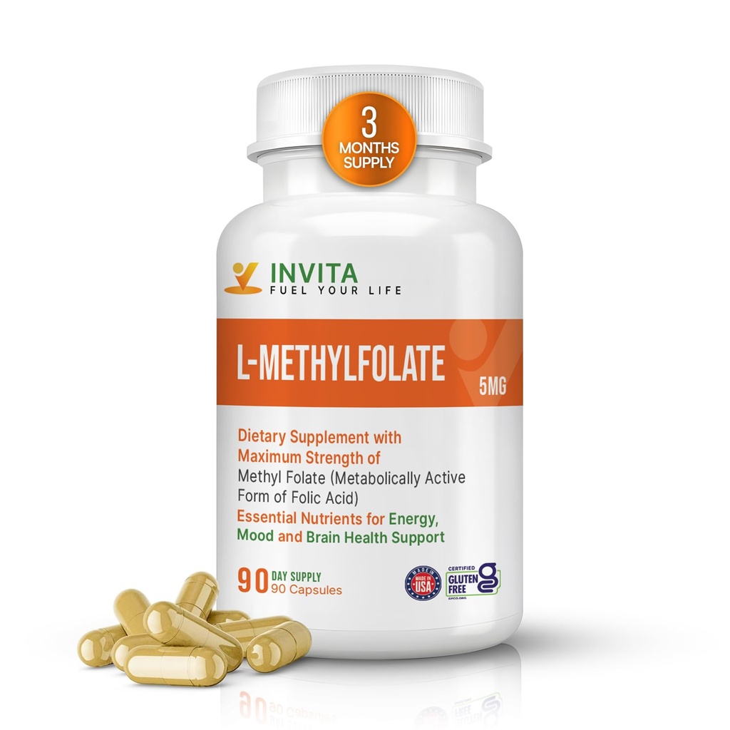 INVITA L-Metyylifolaatti - Professional Strength Active Metyylifosaatti - 5-MTHF täydennysosa energia, mieliala- ja immuunituki - ei GMO, gluteeniton, ei täyteaineita (5 Mg)