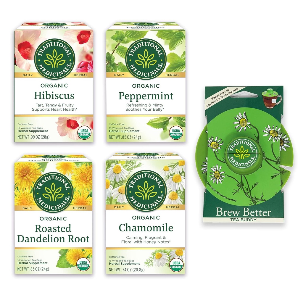 Perinteiset lääkkeet, Organic Variety Pack for Wellness in Four Soothing Flavors, Sisältää Piparminttu, Kamomilla, Hibiscus, Paahdettu Voikukka juuri, Tea Buddy, 64 Teepussit, (4 pakkaus)