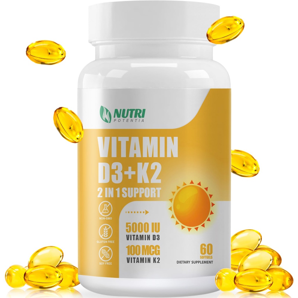 Vitamin D3 K2 med MCT Oil, Vitamin D3 5000 IE och K2 100mcg, Formel 2 i 1 för ben- och hjärthälsa, Gluten Free - 60 Count Softgels