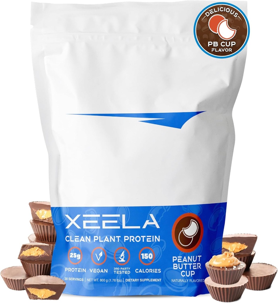 XEELA Plant Based Vegan Protein Powder - Oberoende Tested - 25g High Protein, Pea Protein för Män & Kvinnor - Vitaminer & Minerals, Non GMO, Dairy & Gluten Free, LowCarb & LowFat (Peanut Butter Cup)