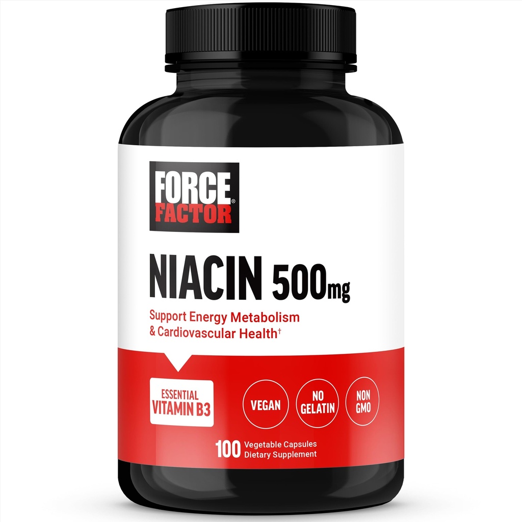 FORCE FACTOR Niasiini B3-vitamiinia solujen energia- ja sydän- ja verisuoniterveyden tukemiseen, Niacin 500 mg Heart-Health Supplement, Vegan, No Gelatiini, ei GMO, 100 kasvikapselia