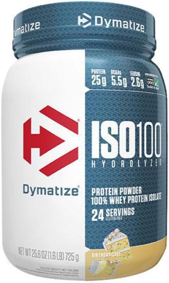 Dymatize ISO 100 Whey Protein Powder with 25g Hydrolyzed 100% Whey Isolate, Gluteeniton, Nopea ruoka, Syntymäpäiväkakku, 1,6 punta