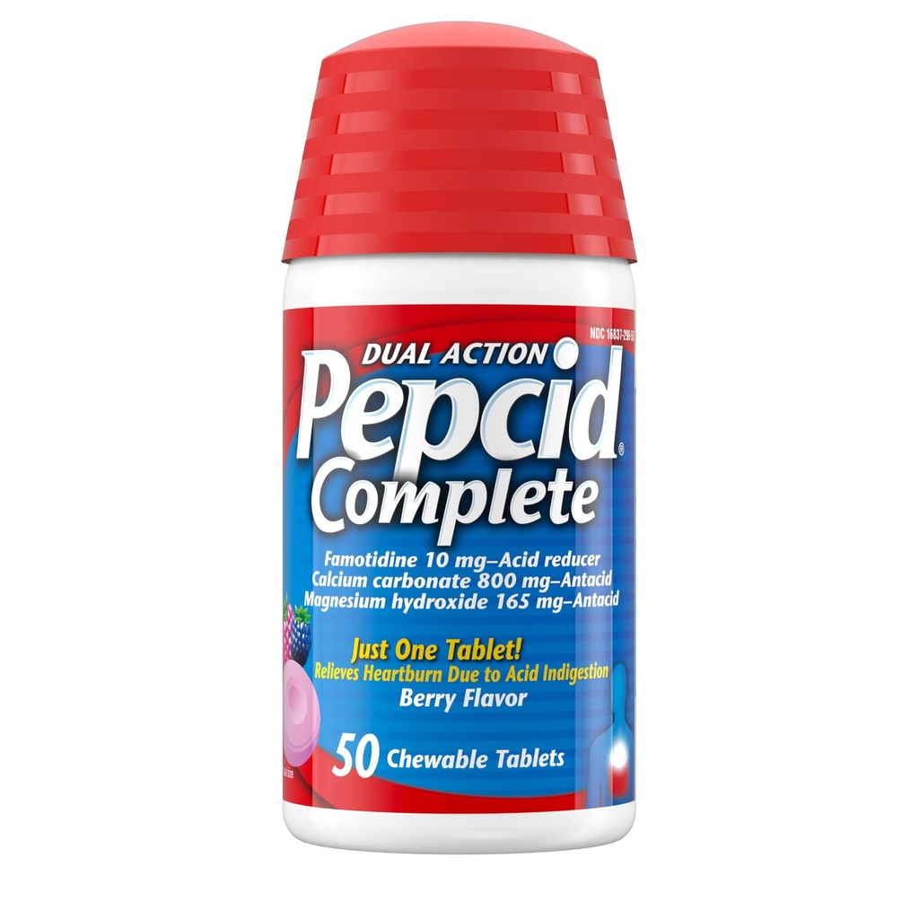 Pepcid Complete Acid Reducer + Antasidi Purutabletti, närästyksen lievittäminen, marja, 50 t (pakkaus toukokuussa vary)