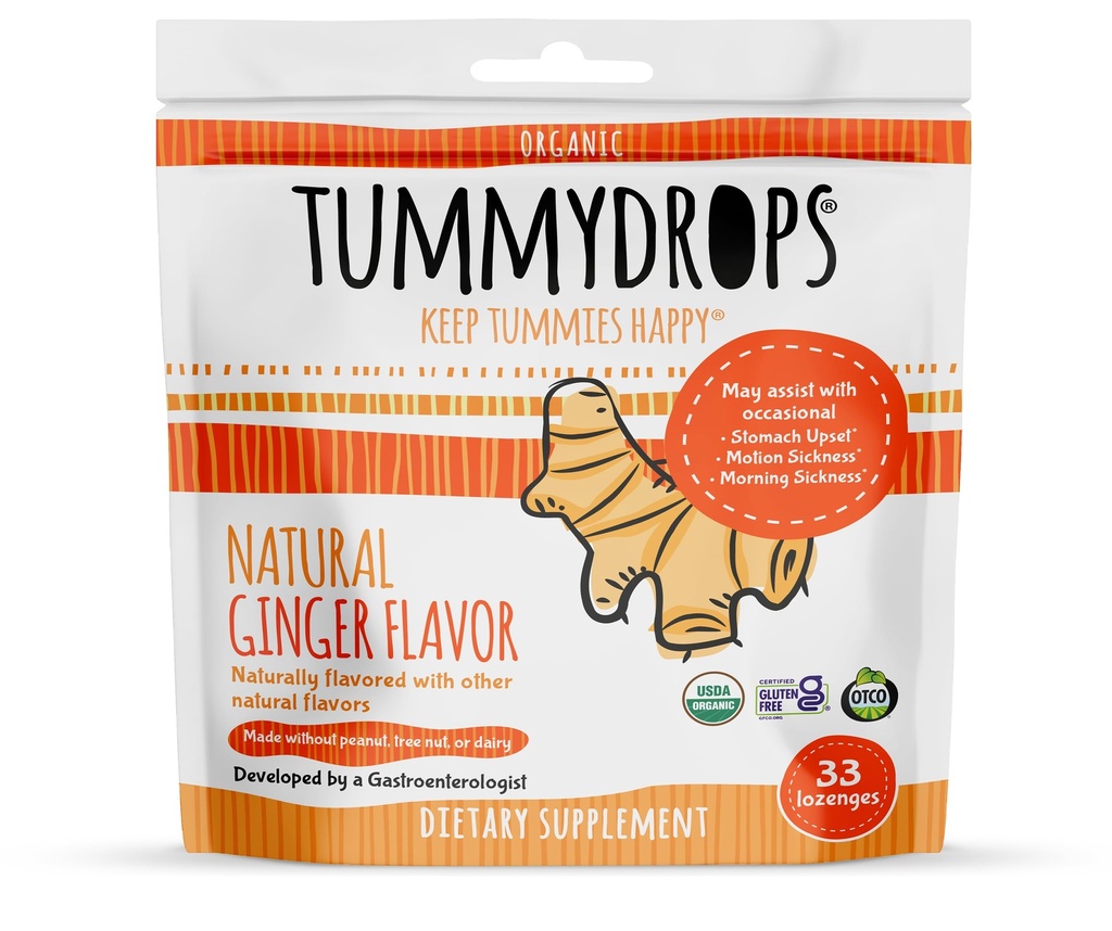 USDA Organic Natural Ginger Tummydrops, Gluten Free & Vegan, 33 Individuellt inslagna droppar i en återförsäljbar väska