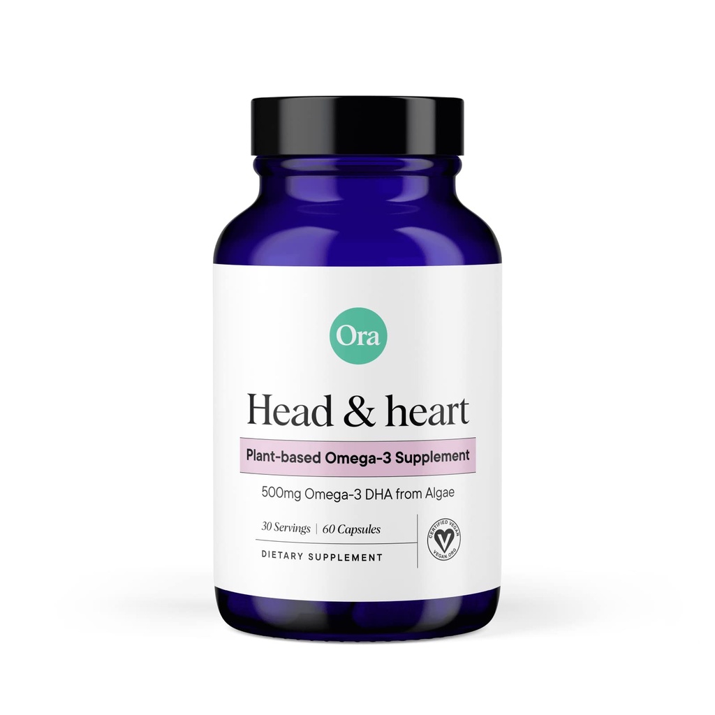 Ora Organic Vegan Omega 3 täydennysosa - 500mg DHA aivot, silmät ja sydän terveys - valmistettu kestävästä Algae - 60 kapselia