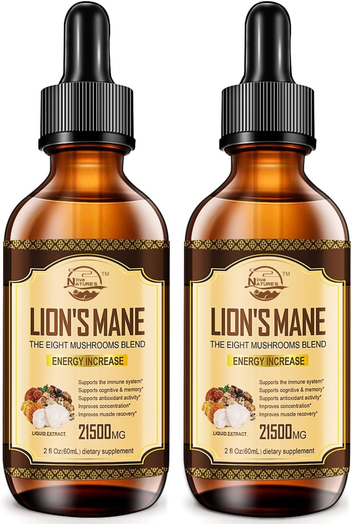 Nature's live Lions Mane Supplement, Liquid Mushroom Extract Drops, 8 Sienet Complex Immunet System, Muisti, Focus Boost, Sieni täydentää leijonan Mane, Cordyceps, Reishi, Vegan, 2 Pack