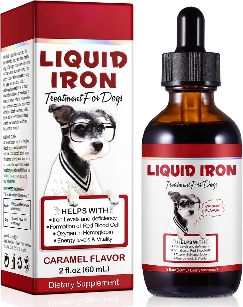 Liquid Iron Drops koirille, nestemäinen rauta täydentää koirille tukee anemiaa, edistää veren terveyttä, parantaa alhainen Enery tasot ja letargia - Letargia tarvikkeet koira vitamiinit - 60 ml/karamelli Flavor