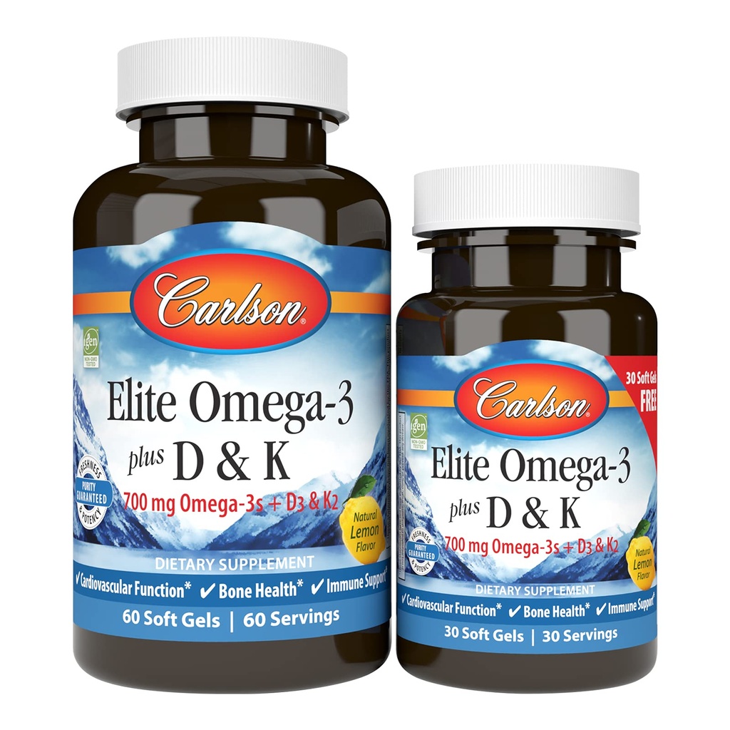 Carlson - Elite Omega-3 Plus D & K, 700 mg Omega-3s + D3 & K2, Function, Bone Health & Immuuni Support, Lemon, 60+30 Softgel