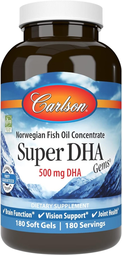 Carlson - Super DHA Gems, 500 mg DHA lisäravinteet, 640 mg rasvahapot, Wild-Caught Norwegian Arctic Omega 3 Fish Oil Supplement, kestävästi peräisin kalaöljy kapselit, 180 Softgels