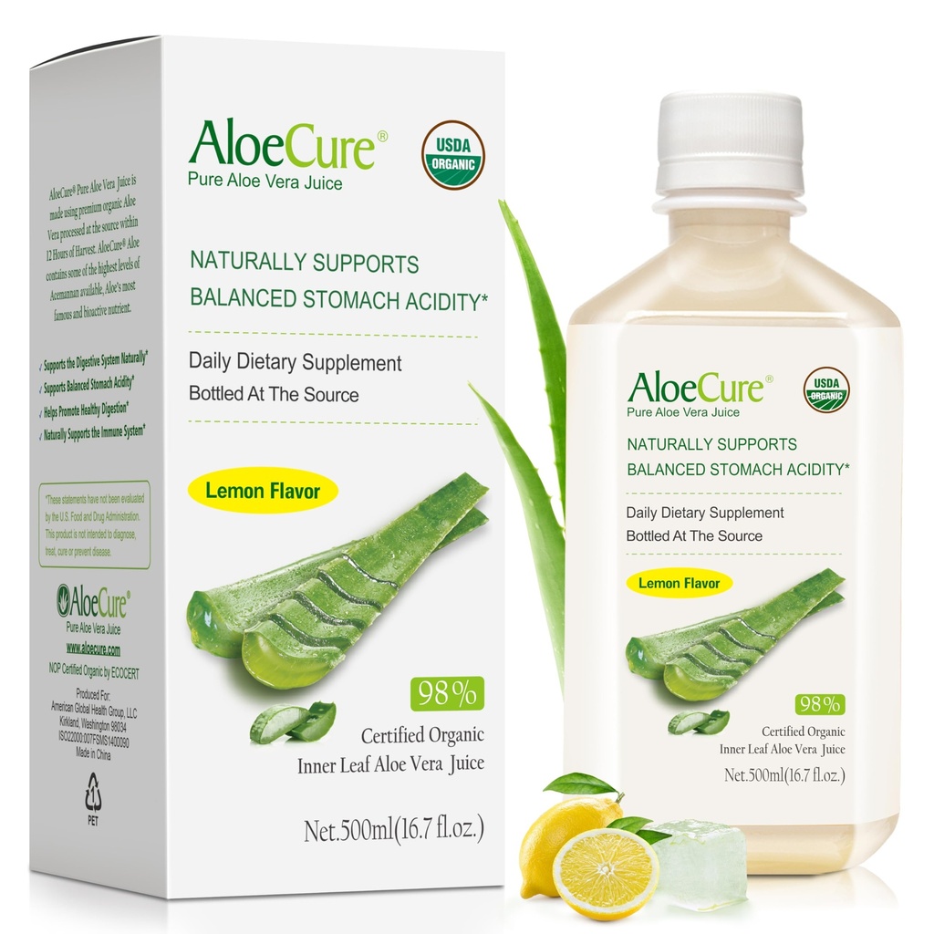 AloeCure USDA Organic Aloe Vera Juice Lemon Flavor - Made In 12 Tuntia sadonkorjuu - Natural Ruoansulatuskanavan tasapainotettu vatsahapon - Tuki Ruoansulatus- ja immuuniterveyden - 1 Btl x 16,70