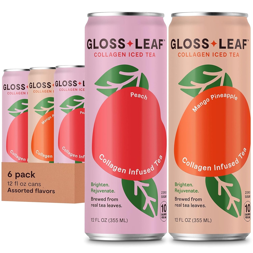 Gloss Leaf Collagen Iced Tea (Zero-sokeri, assorted): Brewed Black Tea Collagen Peptides Protein & C-vitamiini, Beauty & Anti-Aging, 12 Fl Oz, 6 Pack