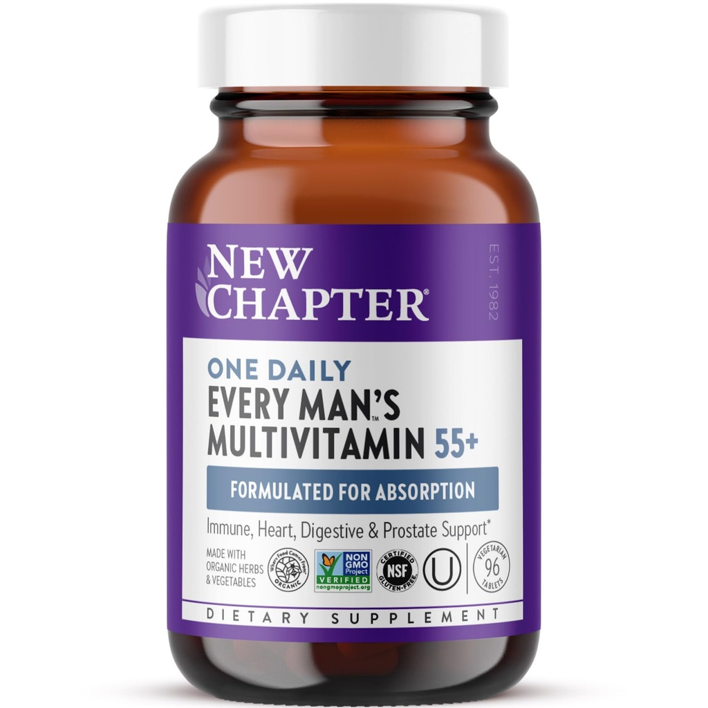 Uusi luku Miesten Multivitamiini 50 Plus aivoihin, sydämeen, ruoansulatuselimistöön, eturauhaseen ja immuunitukeen 20+ ravintoaineilla + astaksantiini - Every Man's One Daily 55+, Hellävarainen vatsalla - 96 lla