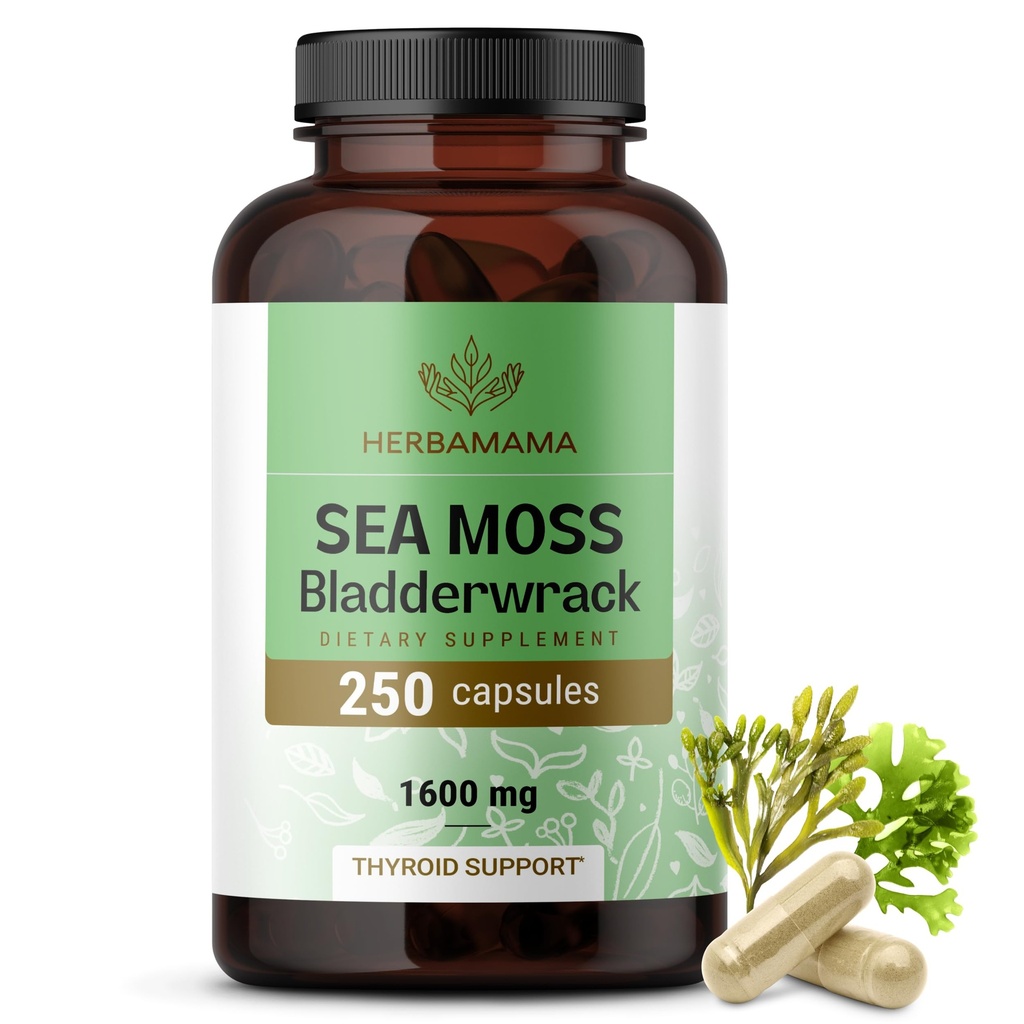 HERBAMAMA Irish Sea Moss Capsules - 1600mg Sea Moss ja Blackderwrack for Immune Support - Vegan, non-GMO Immuniteetti täydentää yleistä tukea
