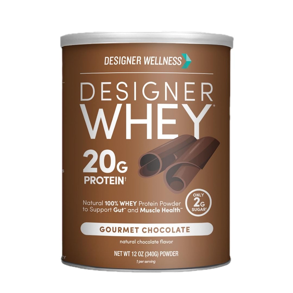 Designer Wellness, Designer Whey, Natural Whey Protein Powder with Probiotics, Fiber, and Key B-Vitamins for Energy, Gluteeniton, Gourmet Chocolate, 12oz