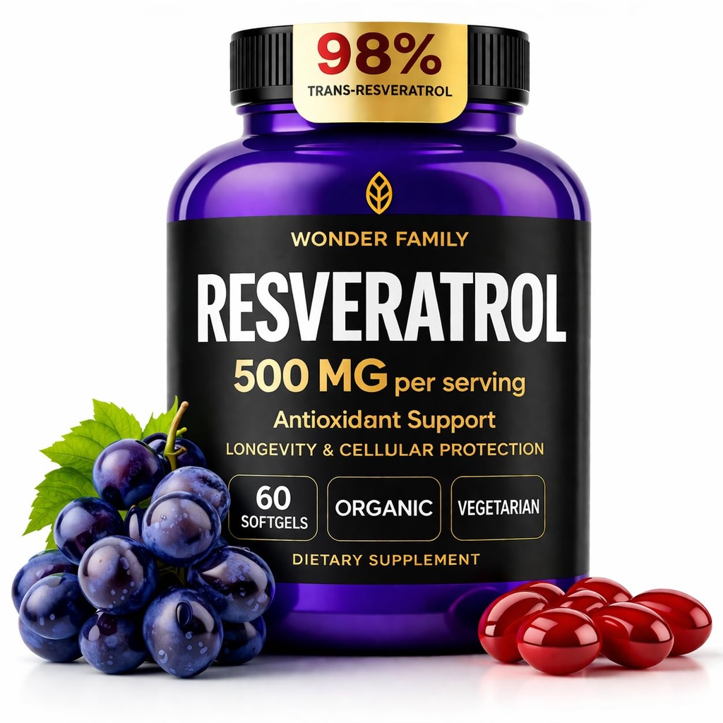 Resveratrol Supplement 500mg - 98% Trans Resveratrol 1000mg Organic Complex - NAD Resveratrol Antioxidanter & Anti Aging Supplement för hjärthälsa, Memory Lift, Wellness Formel, Healthy Cell Support