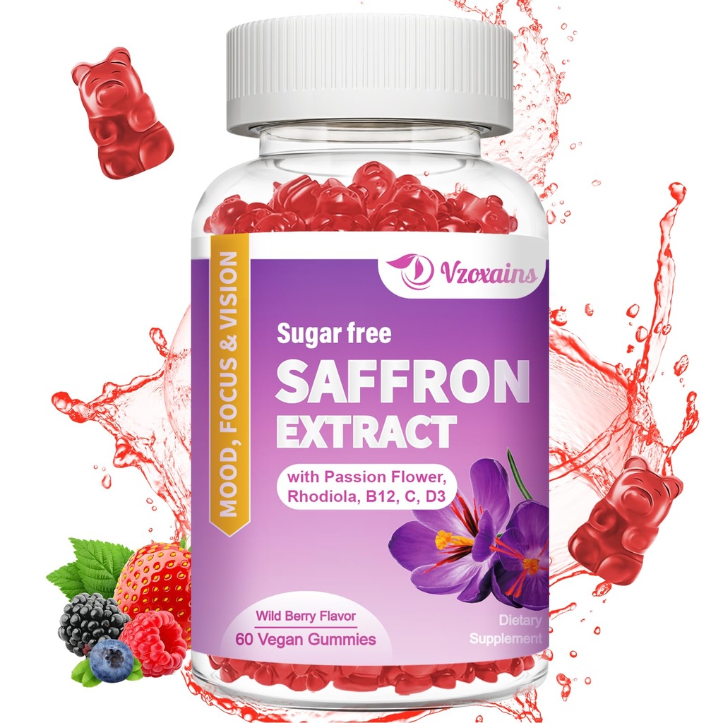 Saffron Gummies, 10 in 1 Saffron lisäravinteet Gummies magnesium, Ashwagandha & Rhodiola Rosea, sokeriton vegaaninen sekoitettu Berry Flavor - 60Ct