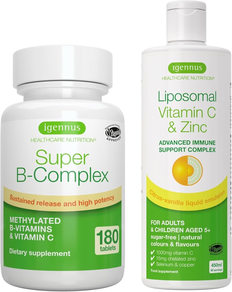 Super B- Complex + Liposomal C 1000 mg & Sinkki Vegan Bundle, Methylated Release B Complex & High Absorption Liquid Immuuni Support Complex, Igennus