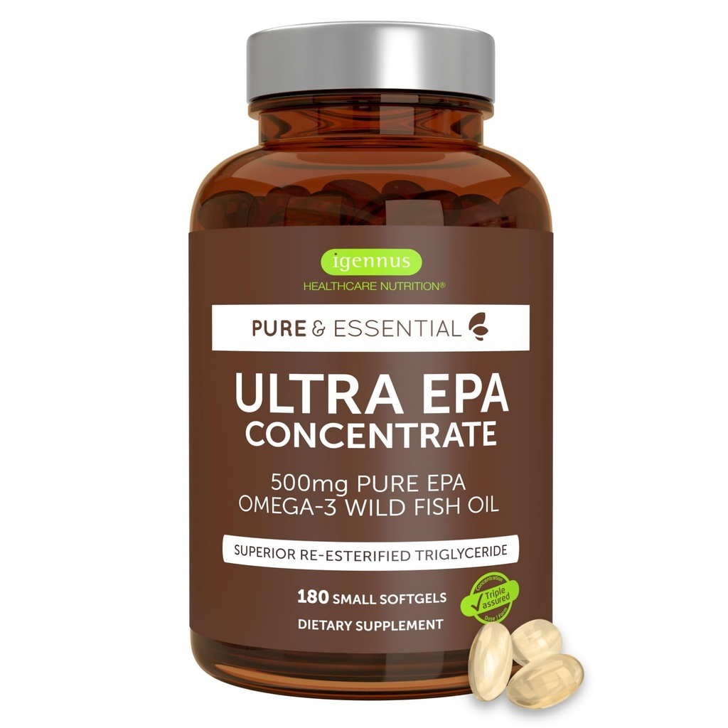 Igennus Ultra Pure Omega-3 EPA 500mg, Erittäin väkevä IFOS Certified Wild Fish Oil, Advanced rTG Triglyseride Form, non-GMO, 180 Pieniä Softgels