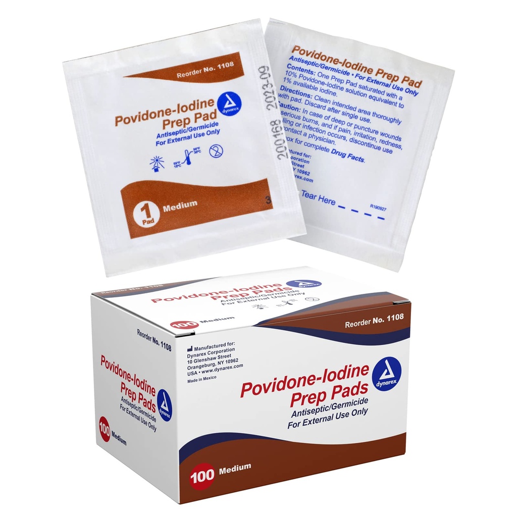 Dynarex Povidone-Iodine Prep Pads, mättad med Povidone Iodine 10%, Medicinsk-Grade Antiseptiska Torkar Används för Prepping Prior Minor Procedures, Medium, 1 Fall av 100 Prep Pads