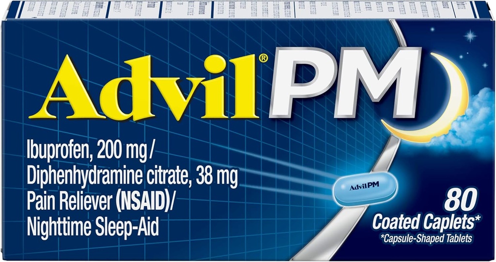 Advil PM Pain Reliever ja Nighttime Sleep Aid, Pain Medicine kanssa Ibuprofeeni kivunlievitys ja difenhydramiini Sitrate varten uniapu - 80 Count (Pakkaus 2)