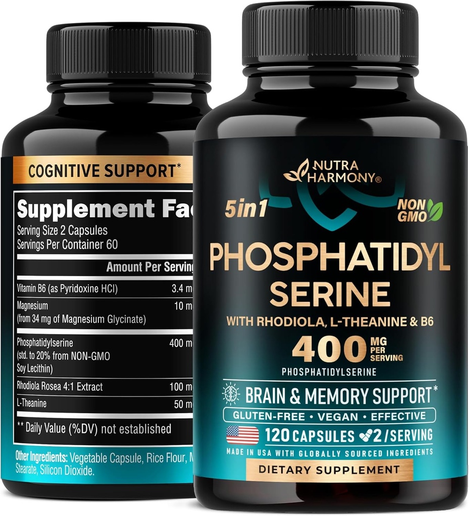 Fosfatidyyliseriini 400 mg L-Theaniinilla, magnesiumilla ja B6-vitamiinilla Rhodiola Rosea - aivot, muisti ja painopiste - Certified non-GMO, Luonnollisesti tuotetut ja biologisesti käytettävissä - Valmistettu Yhdysvalloissa - 120 Сapsulia