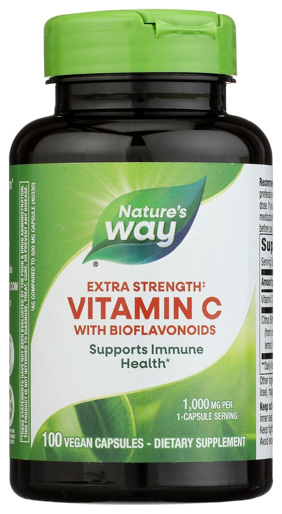 Nature's Way Extra Strength(1) C-vitamiini, jossa on bioflavonoideja, tukee immuuniterveyttä*, edistää kollageenin tuotantoa terveelle iholle*, 1000 mg per kapseli, 100 vegaaninen kapseli (pakkaus toukokuussa vary)