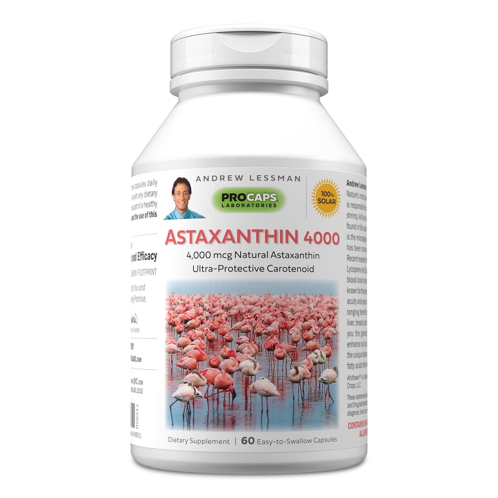 ANDREW LESSMAN Astaksantiini 60 Softgels - 4000 mikrog Natural Astaksantiini, Tehokas anti-oksidantti Carotenoid. Suojaa silmät, sydän, iho ja enemmän. Ei lisäaineita. Helppo niellä Softgels