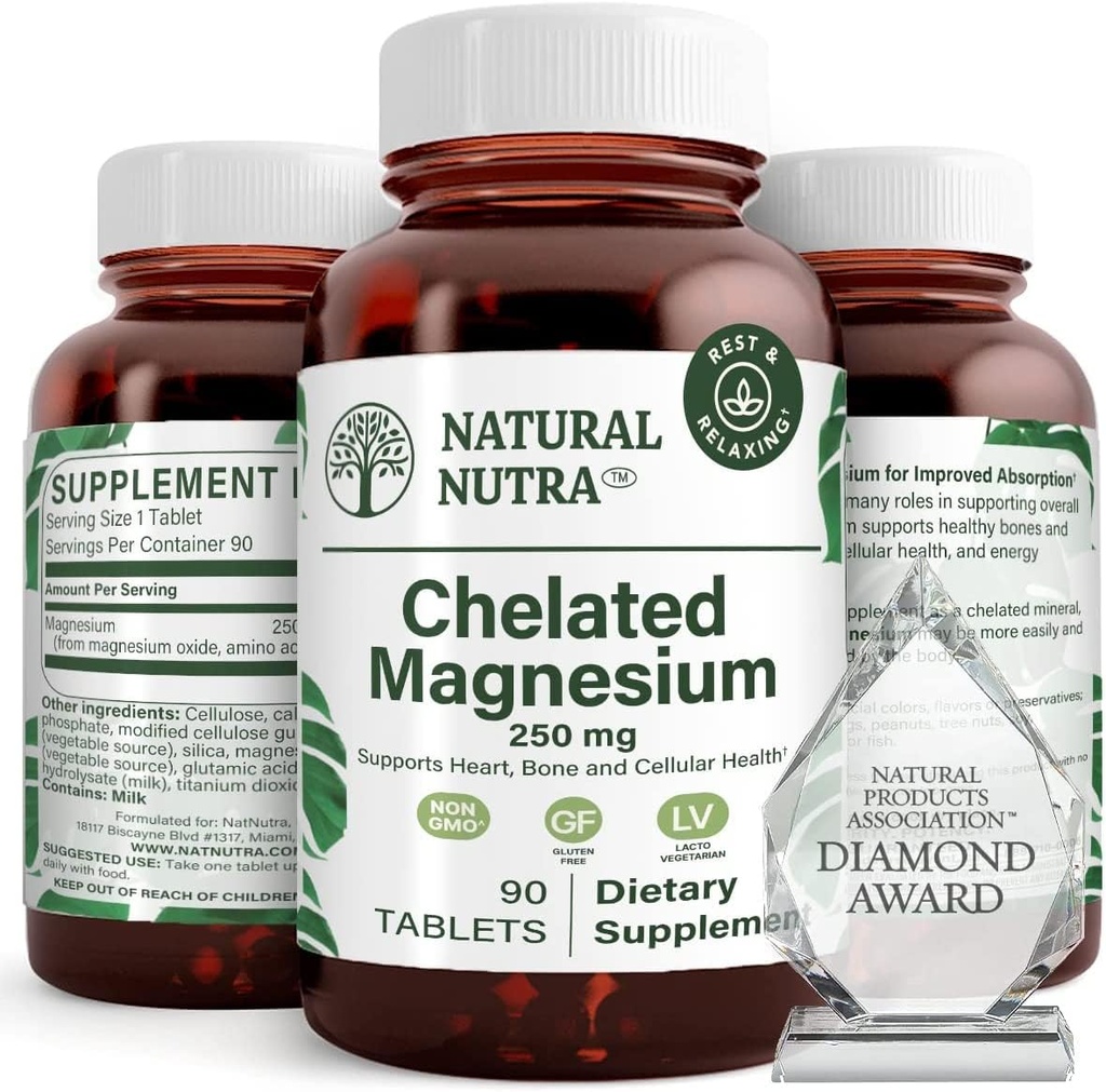 Natural Nutra Celated Magnesiumoksidi 250 mg - suuri imeytyminen vahvoihin luihin, sydämeen, energiaan Boost, gluteeniton, ei-GMO, 90 tablettia (3 pakkaus) BPA-vapaissa lasipulloissa