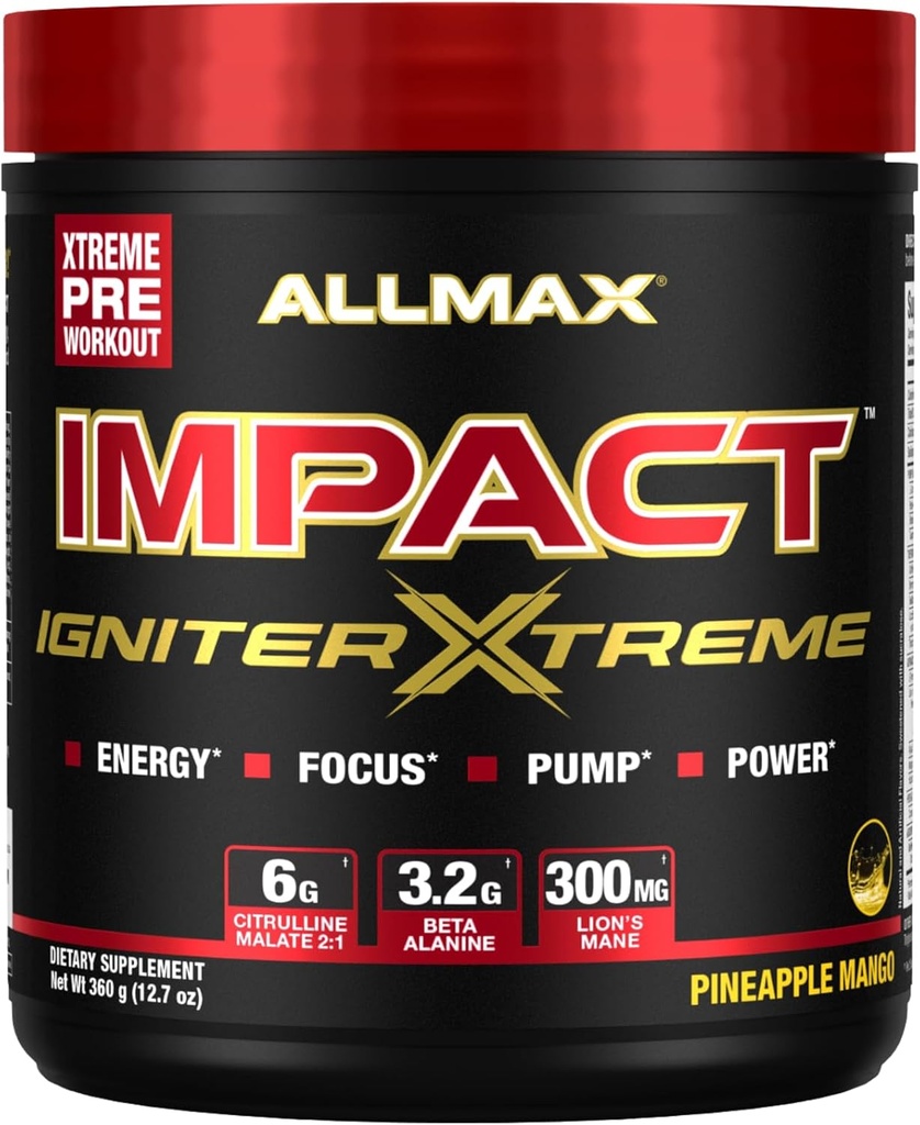 ALLMAX Nutrition - Impact Igniter Extreme Pre Workout Powder - med Citrulline Malate, Beta - Alanin, koffein, Taurin och Betaine anhydrous (Pineapple Mango)
