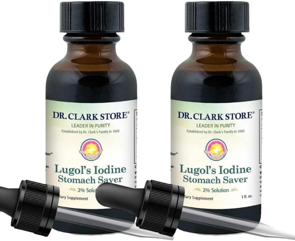 Dr Clark Lugols jod 2% lösning - vatten och 2% Granulär jod - naturlig magbefrielse och sjukvård - 1 fl Oz med en Dropper 2Pack