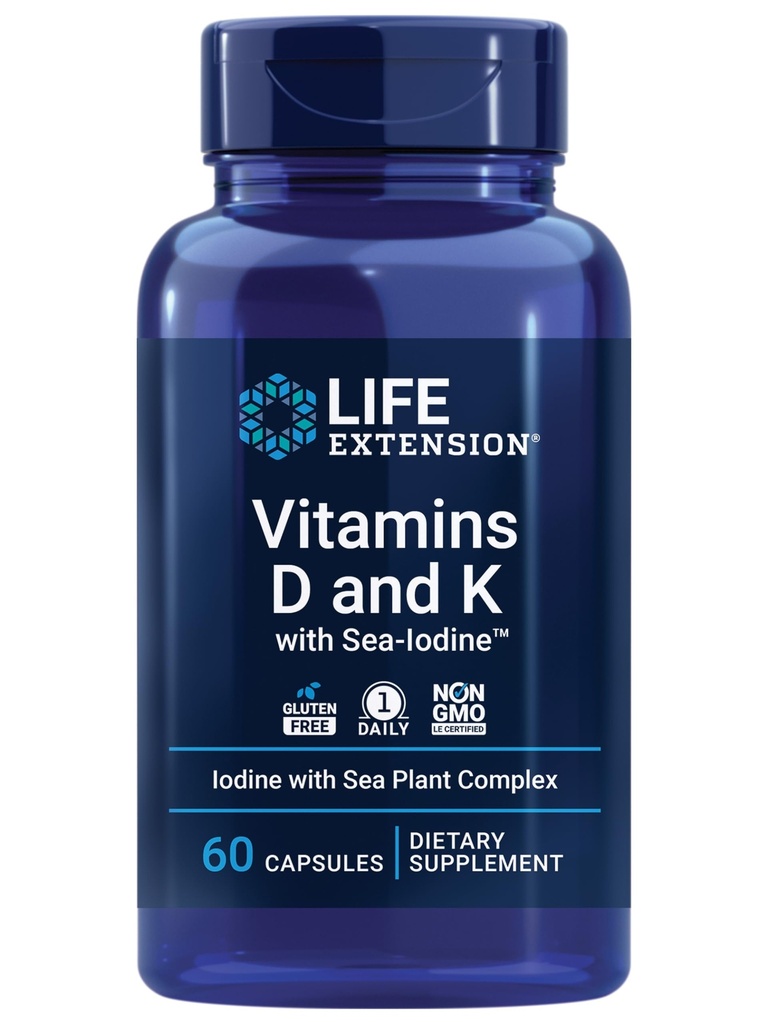Elämän jatkaminen D- ja K-vitamiinit, D-vitamiini, K1- ja K2-vitamiinit, Jodi, tukee immuuni-, luu-, valtimo- ja kilpirauhasterveyttä, ei-GMO, Gluteeniton, 60 kapselia