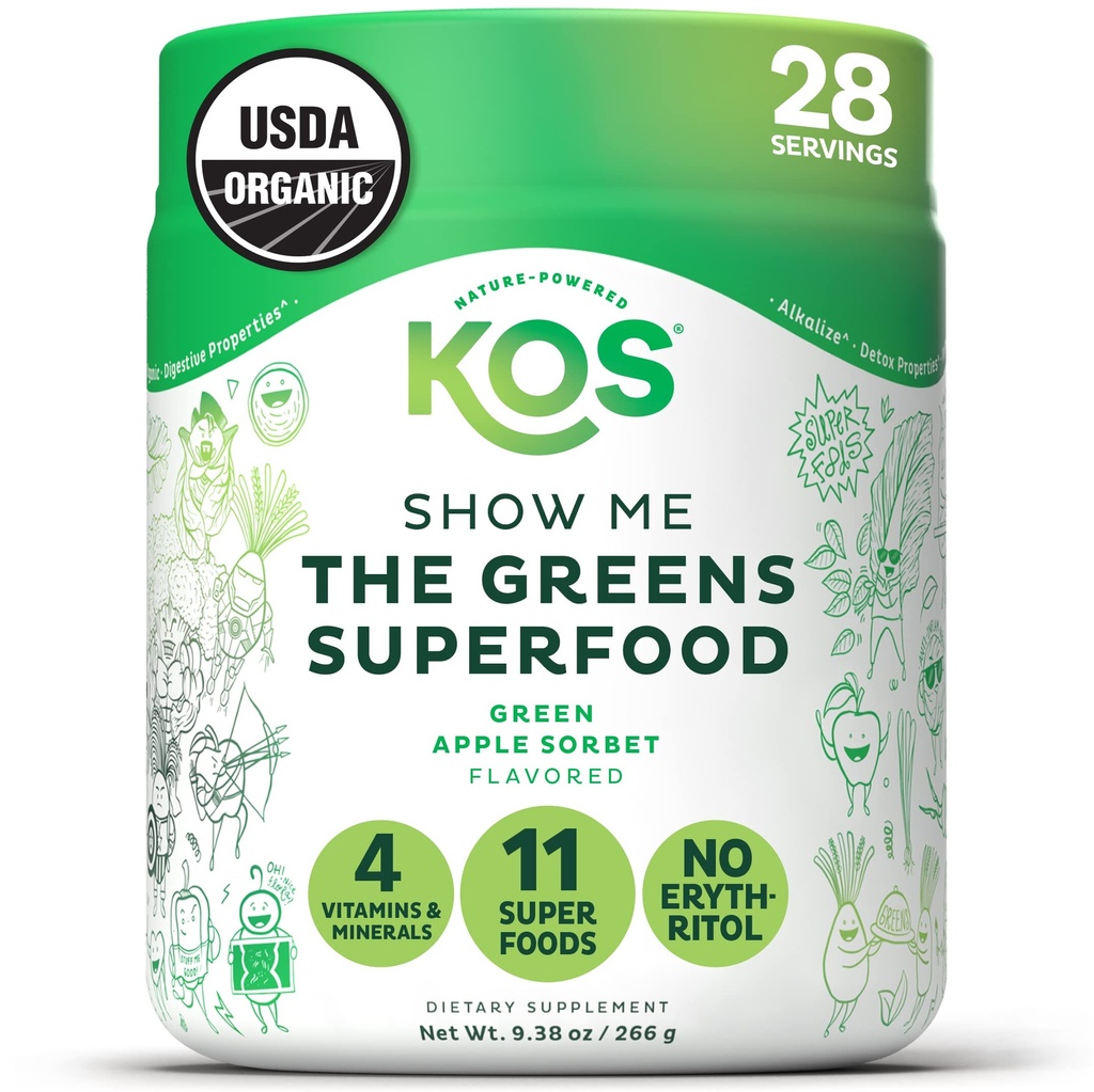 KOS Organic Super Greens Powder Erytritol Free - Plant Based Superfood Blend with Spirulina, Klorella & Wheatgrass - USDA Certified Organic, Green Juice Smoothie - Apple Flavor - 28 Tarjoilut