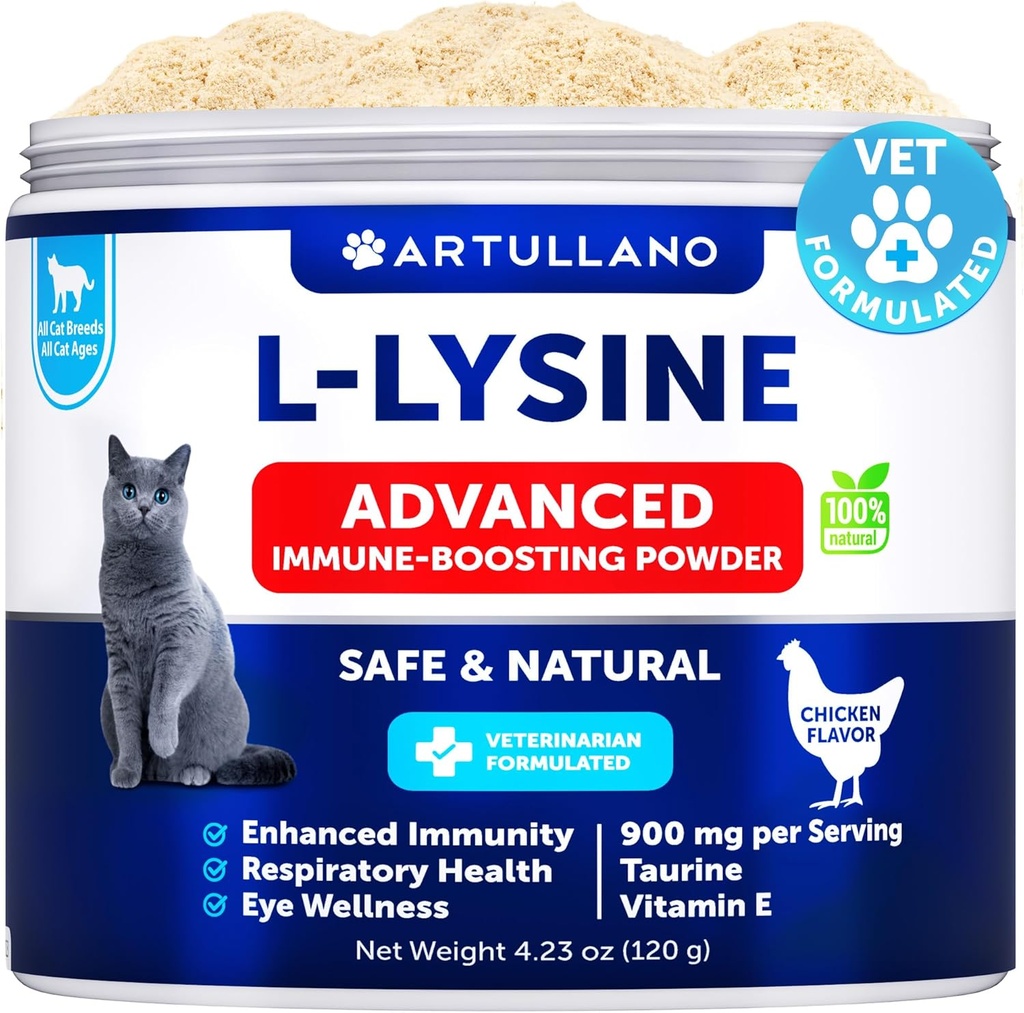 L-Lysine Cats - Lysiini Powder Supplement - 900mg / serving - Immuunituki Kissat ja kissat - Aivastelu, Runny Nenä, Siristävä, Vesisilmät, Kylmä, Silmän toiminta, Hengitysterveys - kanssa Tauriini